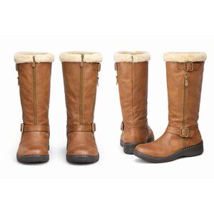 Womens Leather Knee High Boots Rabbit Fur Lined Brown Buckle Zip US 6.5